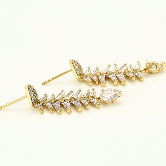 Fishbone Earrings 14k Gold Plated CZ Stone Luxury Jewelry - Picture 4 of 11